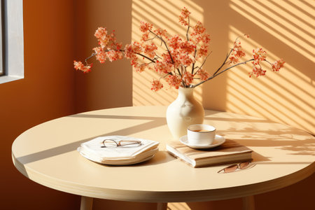 early spring sunny light in small table cosy minimalist style professional photographyの素材