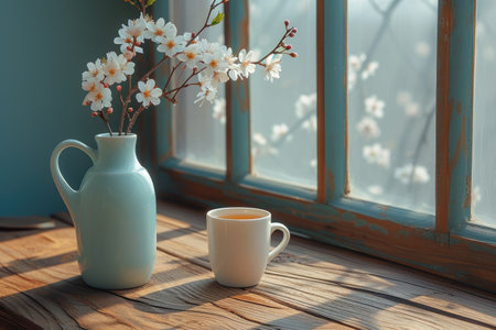 early spring sunny light in small table cosy minimalist style professional photographyの素材