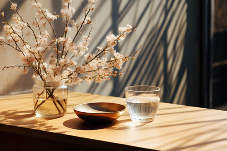 early spring sunny light in small table cosy minimalist style professional photographyの素材