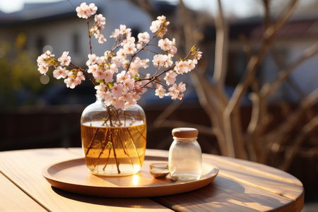 early spring sunny light in small table cosy minimalist style professional photographyの素材