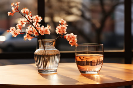 early spring sunny light in small table cosy minimalist style professional photographyの素材