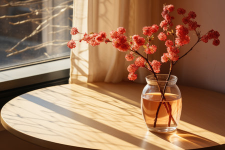 early spring sunny light in small table cosy minimalist style professional photographyの素材