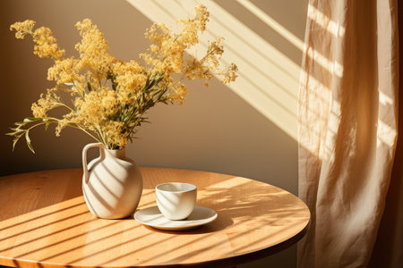 early spring sunny light in small table cosy minimalist style professional photographyの素材