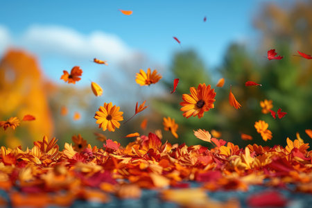 petal flowers confetti falling from a bright blue sky on an autumn or spring professional photographyの素材