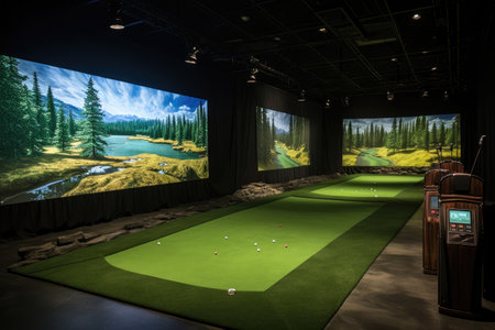 3D rendering of a green golf field in a modern interior.の素材