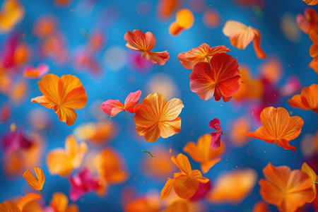 petal flowers confetti falling from a bright blue sky on an autumn or spring professional photographyの素材