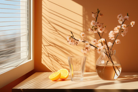 early spring sunny light in small table cosy minimalist style professional photographyの素材