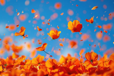 petal flowers confetti falling from a bright blue sky on an autumn or spring professional photographyの素材