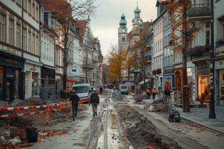 a construction site in the inner city with half of the pedestrian zone is blocked with barrier tape and construction fences professional photographyの素材