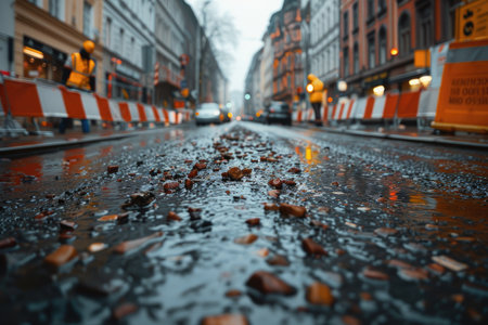 a construction site in the inner city with half of the pedestrian zone is blocked with barrier tape and construction fences professional photographyの素材