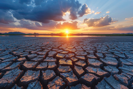 global warming concept with dry lake of cracked earth professional photographyの素材
