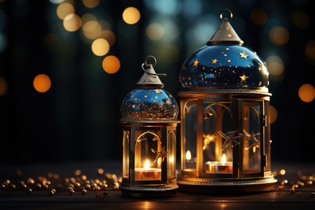 Ramadan theme decorated with glowing lanterns and crescent moon for elegant poster background professional photographyの素材