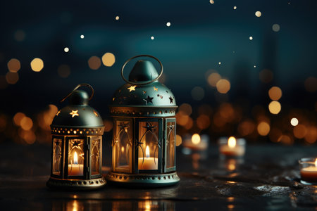 Ramadan theme decorated with glowing lanterns and crescent moon for elegant poster background professional photographyの素材