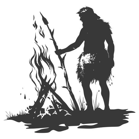 Silhouette ancient caveman in front bonfire black color onlyの素材