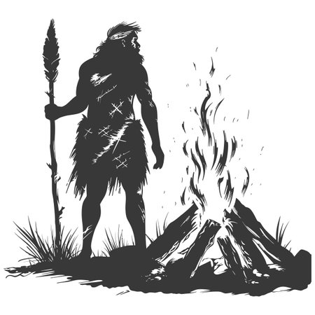 Silhouette ancient caveman in front bonfire black color onlyの素材