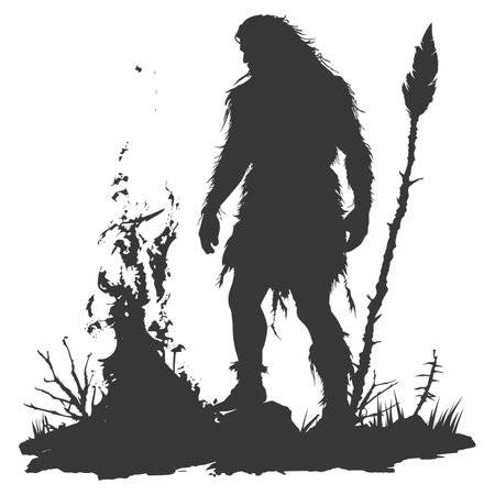 Silhouette ancient caveman in front bonfire black color onlyの素材