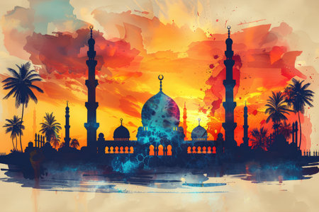design watercolour painting of ramadan decoration and islamic greeting card backgroundの素材