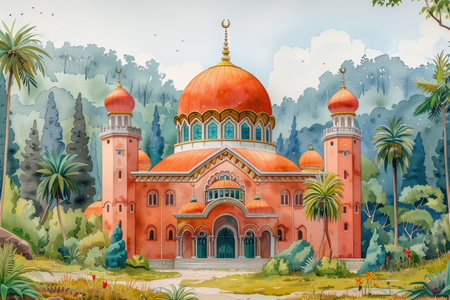 design watercolour painting of ramadan decoration and islamic greeting card backgroundの素材