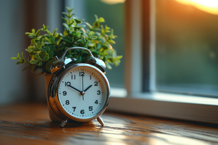 a digital alarm clock on a wooden table bedroom professional photographyの素材