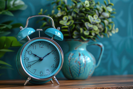 a digital alarm clock on a wooden table bedroom professional photographyの素材