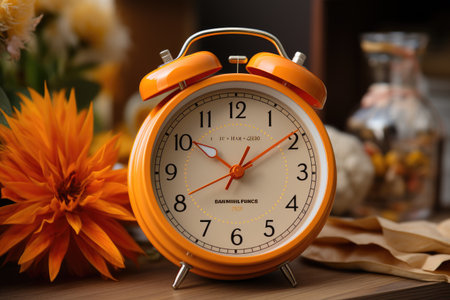 a digital alarm clock on a wooden table bedroom professional photographyの素材
