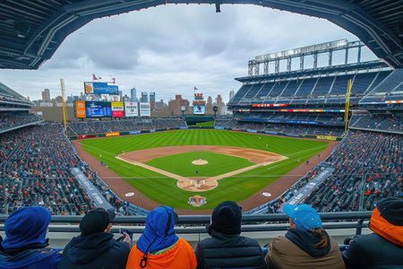 Watching a baseball game at stadium crowd from far away professional photographyの素材