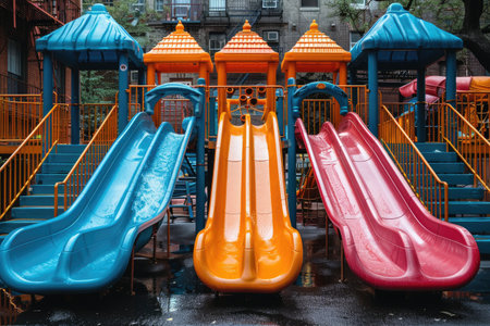 the outdoor playground in a park with colored tunnels and slides professional photographyの素材