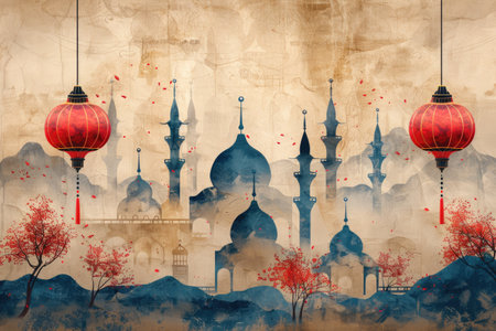 design watercolour painting of ramadan decoration and islamic greeting card backgroundの素材