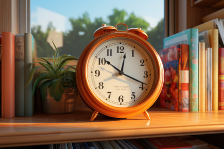 a digital alarm clock on a wooden table bedroom professional photographyの素材