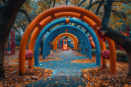 the outdoor playground in a park with colored tunnels and slides professional photographyの素材