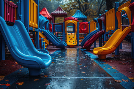 the outdoor playground in a park with colored tunnels and slides professional photographyの素材