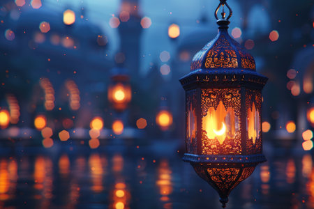 icon Ramadan lantern with crescent moon and podium as luxury islamic background greeting card designの素材