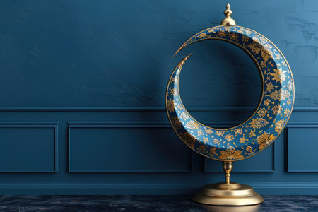 icon Ramadan lantern with crescent moon and podium as luxury islamic background greeting card designの素材