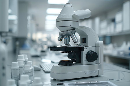experiments and practical work with a microscope in the laboratory professional photographyの素材