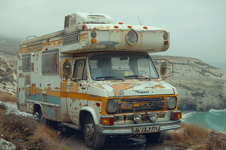 holiday and chill with camper van in the campsite professional photographyの素材