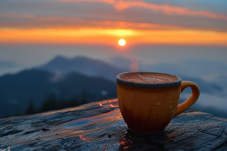 enjoy a cup of coffee with beautiful scenery professional photographyの素材