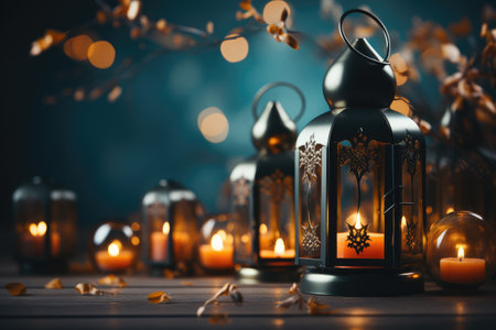 Ramadan theme decorated with glowing lanterns and crescent moon for elegant poster background professional photographyの素材