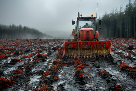 Industrial timber farming at large well cultivated crop with mini excavator driving between rows of tall forestの素材
