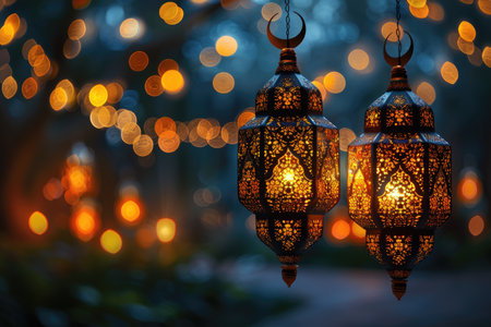 Ramadan theme decorated with glowing lanterns and crescent moon for elegant poster background professional photographyの素材