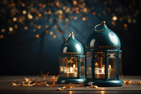 Ramadan theme decorated with glowing lanterns and crescent moon for elegant poster background professional photographyの素材