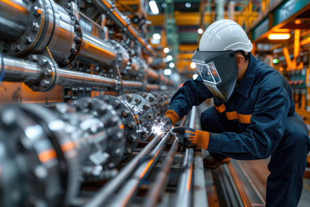 A worker wearing protective equipment works on a welding machine in factory professional photographyの素材