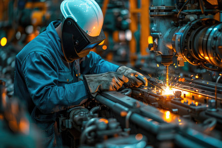 A worker wearing protective equipment works on a welding machine in factory professional photographyの素材
