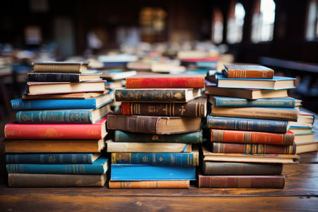 a stack of books on top a desk professional photographyの素材