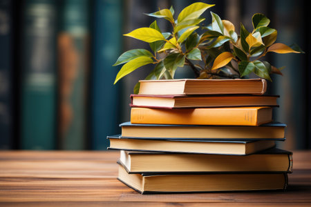 a stack of books on top a desk professional photographyの素材