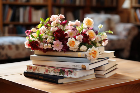 a stack of books on top a desk professional photographyの素材