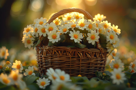 a basket full of flowers in grassy field professional photographyの素材