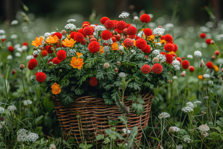 a basket full of flowers in grassy field professional photographyの素材