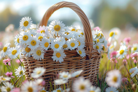 a basket full of flowers in grassy field professional photographyの素材