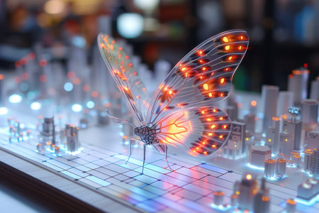 A futuristic neural network interface showcasing butterfly power lines professional photographyの素材