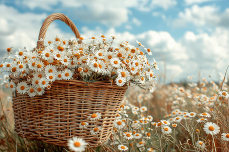 a basket full of flowers in grassy field professional photographyの素材
